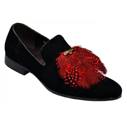 Fiesso Black Suede Leather Slip-On Shoes With Red Feather Tassels FI7115