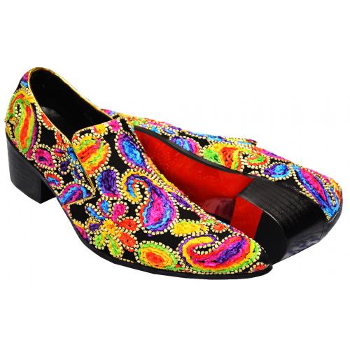 Fiesso Black Canvas / Rainbow Multi Color Woven Paisley Slip-On Shoes With Cuban Heel FI7071