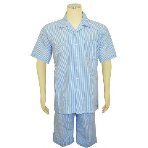 Bagazio Light Blue / White Cotton Blend Seersucker Short Sleeve Outfit BM1740