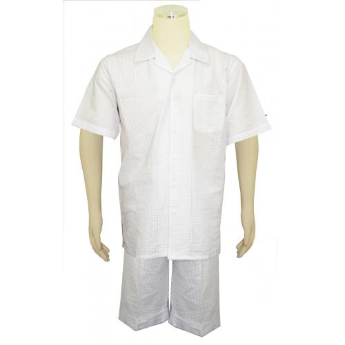 Bagazio White Self Striped Cotton Blend Seersucker Short Sleeve Outfit BM1740