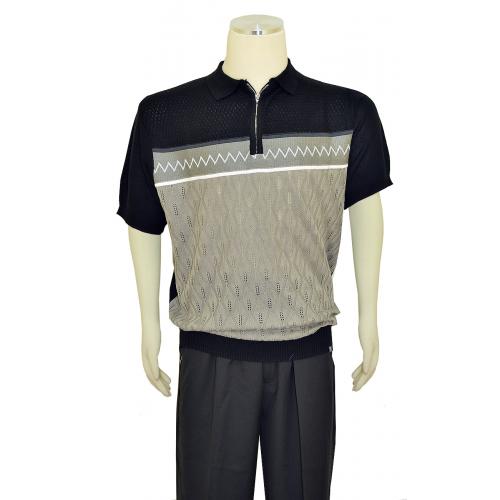 Stacy Adams Black / Grey / White Half-Zip Pullover Short Sleeve Knitted Outfit 2400