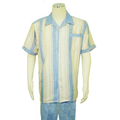 Pronti Light Blue / Off-White Stripe Design Button Up Short Sleeve Outfit SP6157