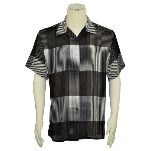 Pronti Black / White / Grey Stripe Design Microfiber Casual Short Sleeve Shirt S6247