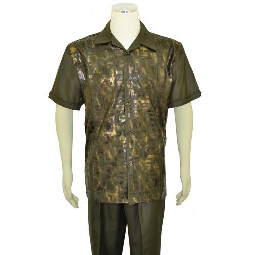 Pronti Olive Green / Metallic Bronze Abstract Design Short Sleeve Outfit SP6255