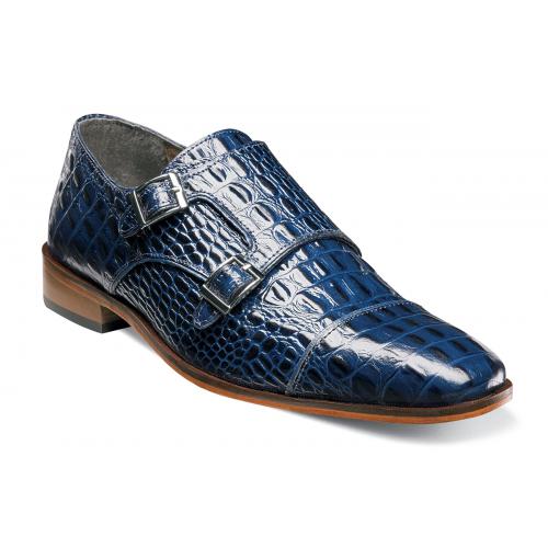Stacy Adams "Golato" Navy Blue Leather Hornback Crocodile Print Double Monk Straps Shoes 25117-400