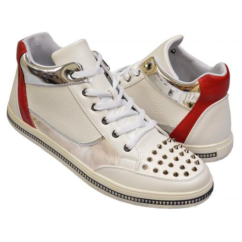 Encore By Fiesso White /Red PU Leather / Metal Spiked Sneakers FI2271