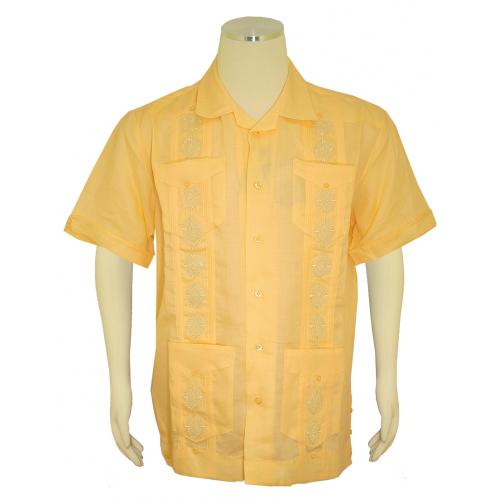 Successos Maize Yellow Embroidered Button Up Casual Linen Short Sleeve Shirt S5432