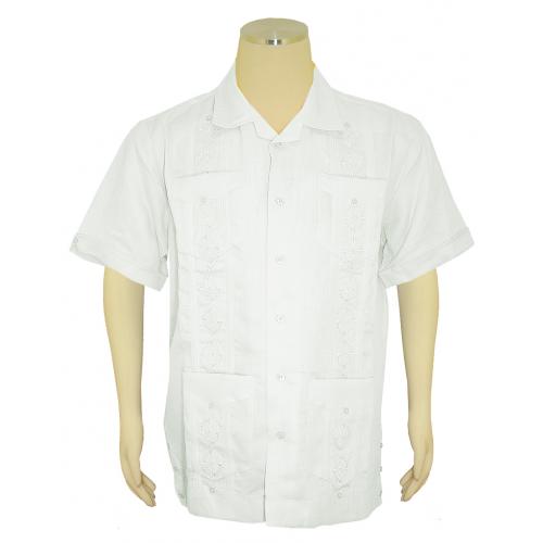 Successos White Embroidered Button Up Casual Linen Short Sleeve Shirt S5432