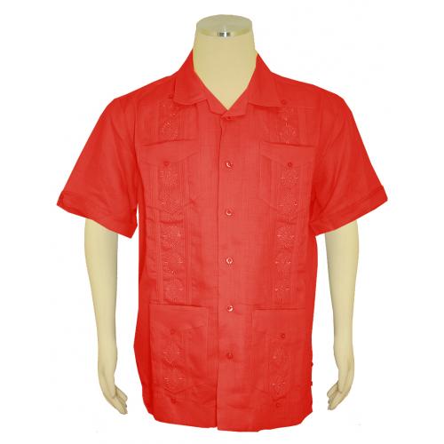 Successos Red Embroidered Button Up Casual Linen Short Sleeve Shirt S5432