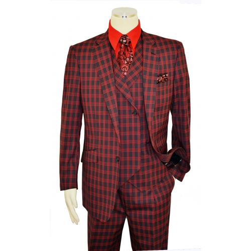 Statement Confidence Black / Red / Grey Plaid Super 150's Wool Vested Suit TZ-956