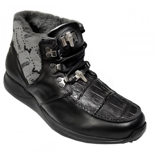 Mauri 8831 Black Genuine Alligator / Mauri Fabric Casual Boots With Shearling Fur Lining