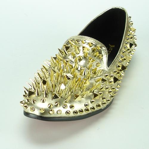 Fiesso Gold Spike Gold Genuine Leather Loafer Shoes FI7067.