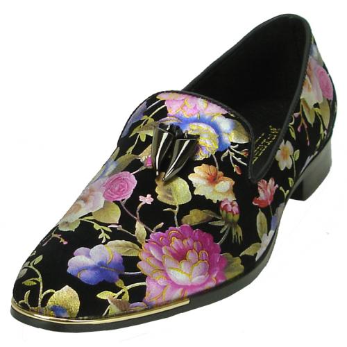Fiesso Black Genuine Leather Multi Color Floral Print Loafer Shoes FI6921.