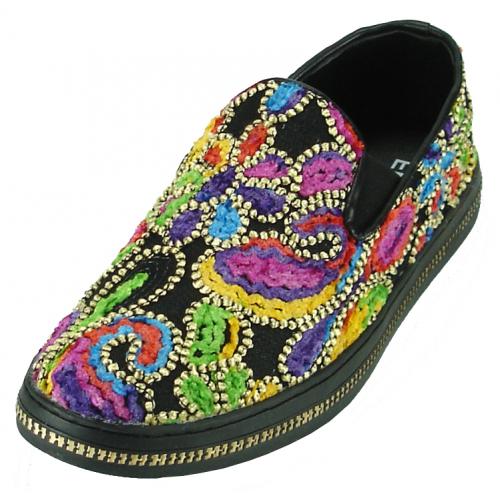 Fiesso Black Genuine Leather Multi Color Print Loafer Shoes FI2278.