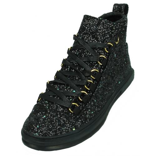 Encore By Fiesso Black Glitter Leather High Top Sneakers FI2174-2