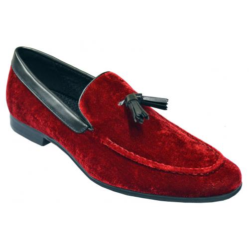 Giorgio Brutini "Neill" Red / Black Velvet Slip On Loafer Shoes With Tassels 176667