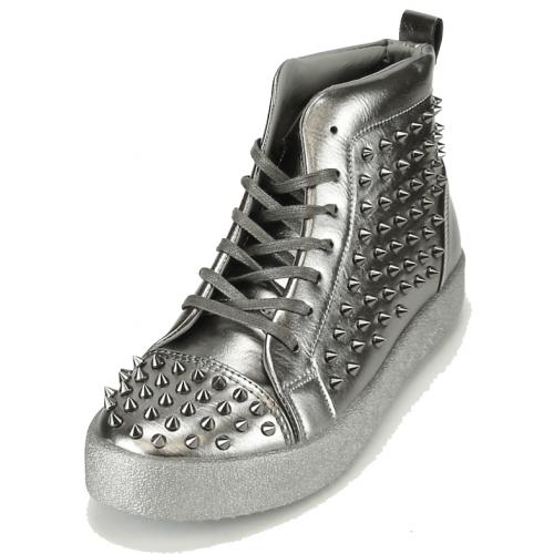 Encore By Fiesso Metallic Silver PU Leather High Top Sneakers With Silver Spikes FI2275
