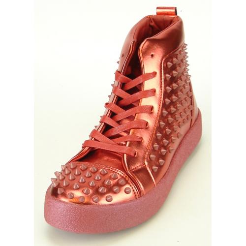 Encore By Fiesso Metallic Red PU Leather High Top Sneakers With Silver Spikes FI2275