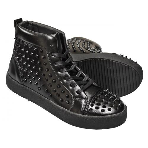 Encore By Fiesso Black PU Leather High Top Sneakers With Black Spikes FI2275.