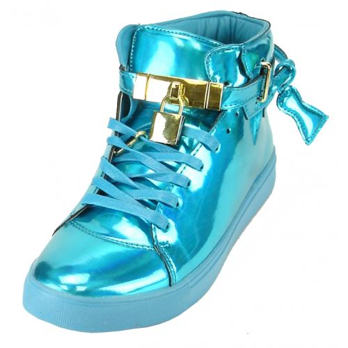 Encore By Fiesso Blue Patent Leather High Top Sneakers With Lock / Key FI2247.