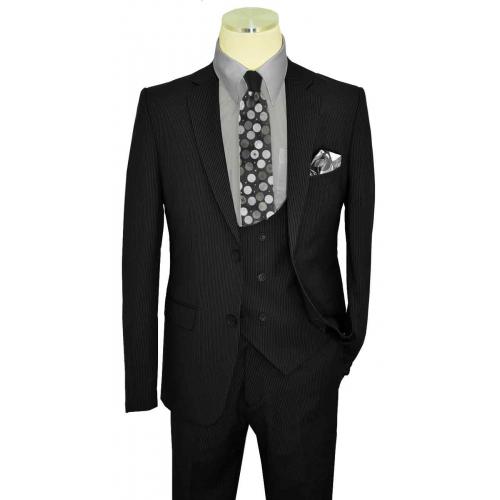 Ramzotti Black / Light Grey Pinstripe Rayon Blend Vested Slim Fit Suit 79072/6