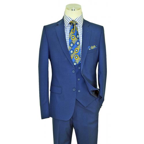 Ramzotti Navy / Light Blue Micro Windowpane Rayon Blend Vested Slim Fit Suit 79076/1