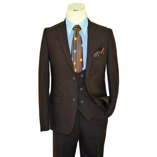 Ramzotti Brown / Sky Blue Micro Windowpane Modern Fit Rayon Blend Slim Fit Vested Suit 79076/5
