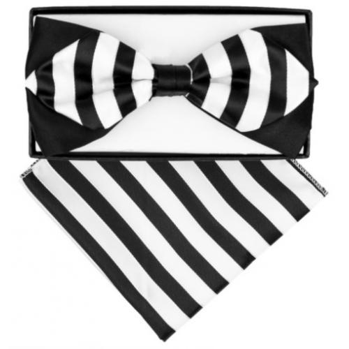 Classico Italiano Black / White Striped Double Layer Design Silk Bow Tie / Hanky Set BD281