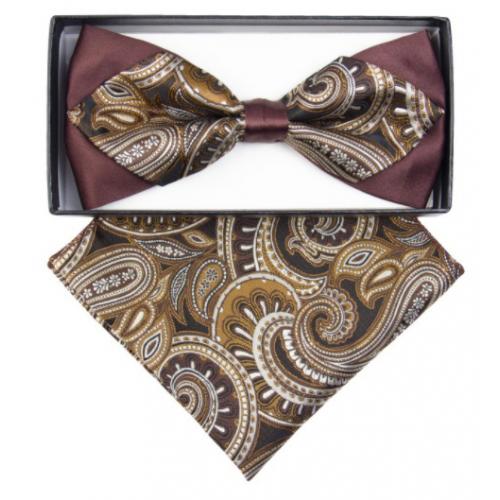 Classico Italiano Brown / Camel / Silver Paisley Double Layer Design Silk Bow Tie / Hanky Set BD353