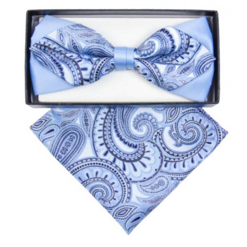 Classico Italiano Light Blue / Navy / Silver Paisley Double Layer Design Silk Bow Tie / Hanky Set BD356