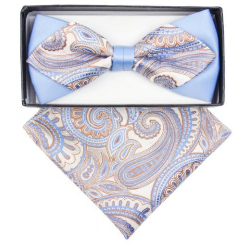 Classico Italiano Light Blue / Beige / Camel Paisley Double Layer Design Silk Bow Tie / Hanky Set BD358