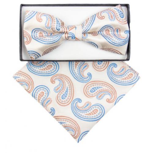 Classico Italiano Beige / Brown / Slate Blue Paisley Design Silk Bow Tie / Hanky Set BH2616