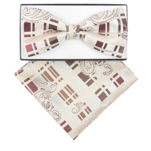 Classico Italiano Beige / Taupe Paisley / Plaid Design Silk Bow Tie / Hanky Set BH2633