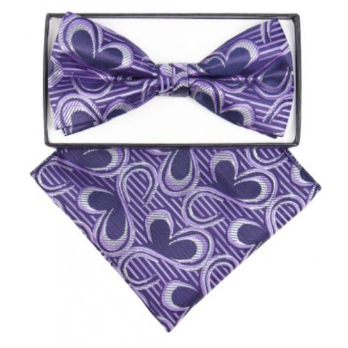 Classico Italiano Purple / Lavender / Silver Geometric Design Silk Bow Tie / Hanky Set BH2606