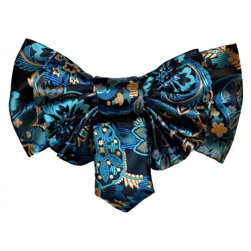 Vittorio Vico Navy Blue / Turquoise / Beige Paisley Double Layered Silk Bow Tie / Hanky Set XL94