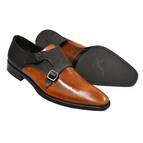 Lorens "Carlos" Cognac / Black Genuine Calfskin / Rubber Double Monk Strap Shoes