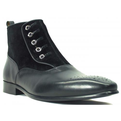 Carrucci Black Genuine Leather / Suede Button-up Boots KB524-12SC.