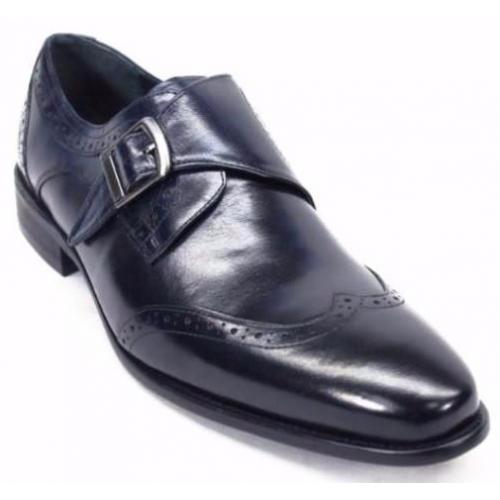 Carrucci Navy Genuine Calf Leather Wingtip Monk Strap Loafer Shoes KS099-710