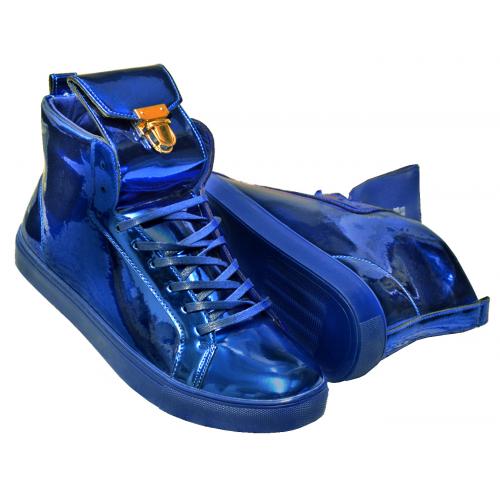 Encore By Fiesso Royal Blue Patent PU Leather High Top Sneakers FI2244S