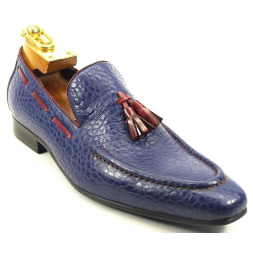 Carrucci Navy / Red Genuine Leather Loafer Shoes With Contrast Tassel KS1377-05.