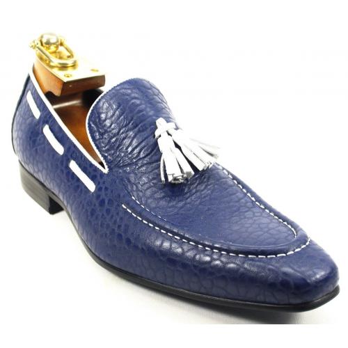 Carrucci Navy / White Genuine Leather Loafer Shoes With Contrast Tassel KS1377-05.