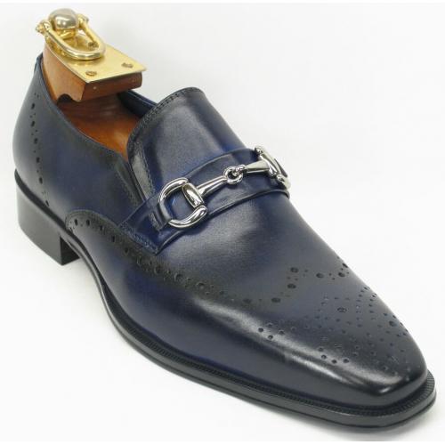 Carrucci Navy Genuine Two Tone Leather Perforated Loafer Shoes With Horsebit KS261-04.