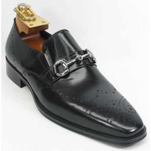 Carrucci Black Genuine Two Tone Leather Perforated Loafer Shoes With Horsebit KS261-04.