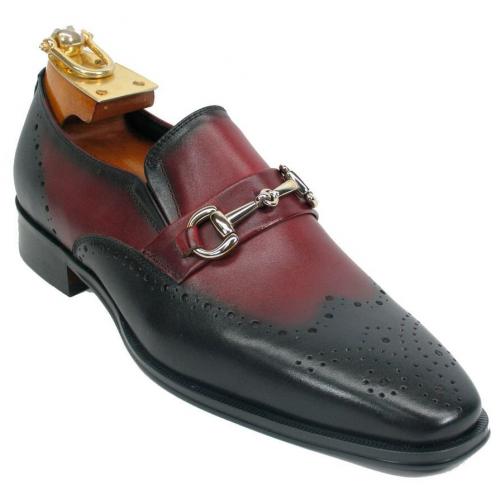 Carrucci Black / Burgundy Genuine Two Tone Leather Perforated Loafer Shoes With Horsebit KS261-04