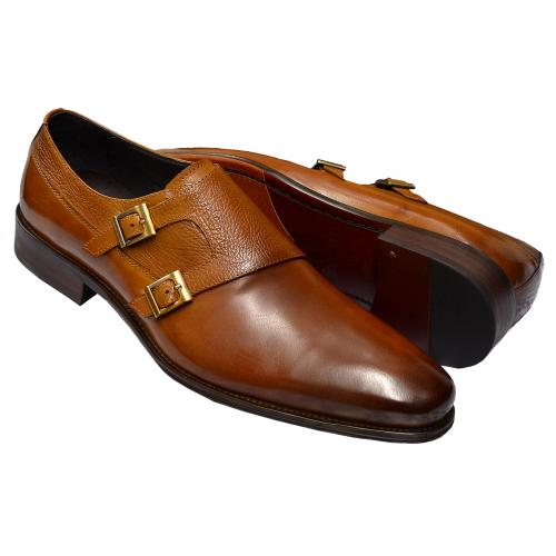 Carrucci Cognac Burnished Calfskin Leather Double Monk Strap Shoes ...