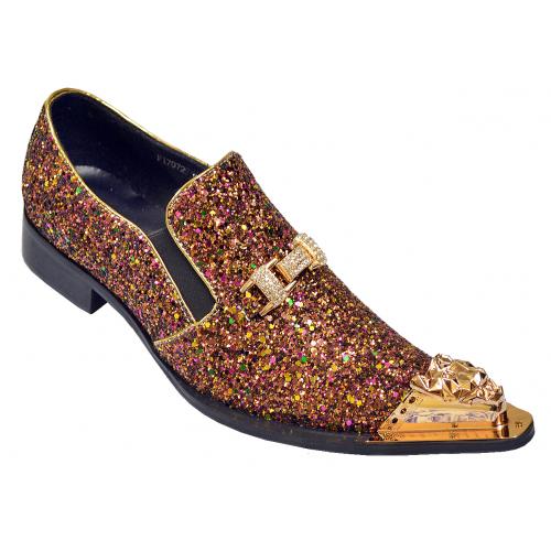 Fiesso Pink / Multi-Color Glitter Leather Loafers With Gold Toe / Rhinestone Bracelet FI7072