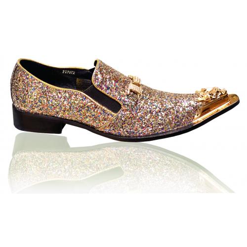 Fiesso Silver / Multi-Color Glitter Leather Loafers With Gold Toe / Rhinestone Bracelet FI7072