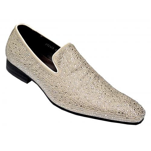Fiesso White / Silver Grey Rhinestone Encrusted Leather Loafers FI7101