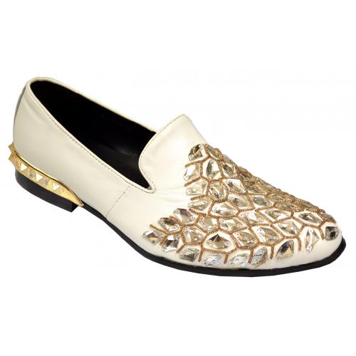 Fiesso White Genuine Suede Leather Slip-On Shoes With Rhinestones FI7023