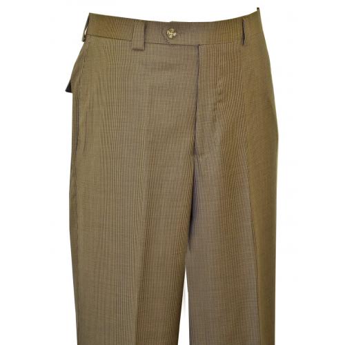 Luciano Carreli Tan / Brown Micro Houndstooth Super 150's Wool Flat Front Wide Leg Slacks 2608-5629